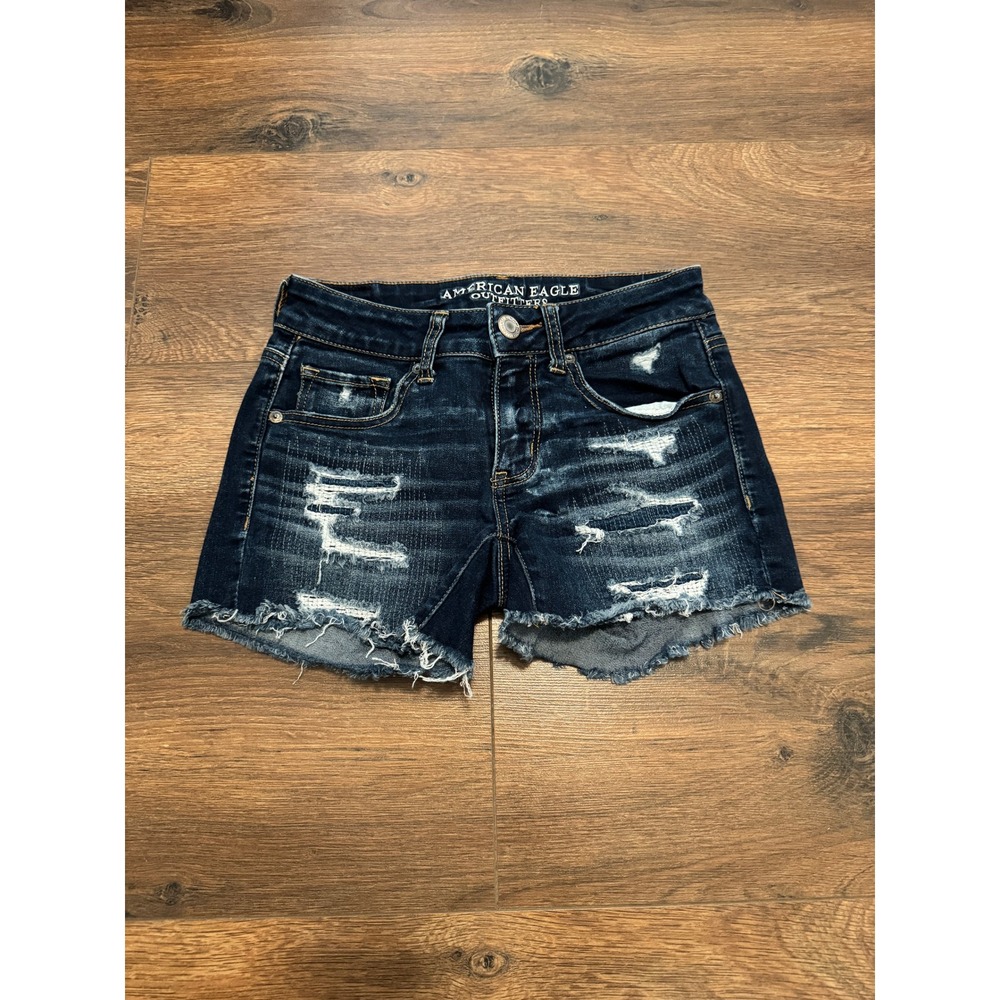 American Eagle Super Stretch Midi Denim Shorts Dark Wash Distressed Size 2